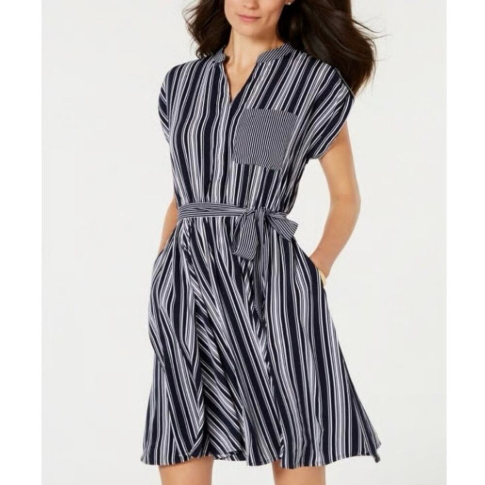 Charter Club Striped Short Sleeve Dress Waist Tie Navy Blue White Petite 12